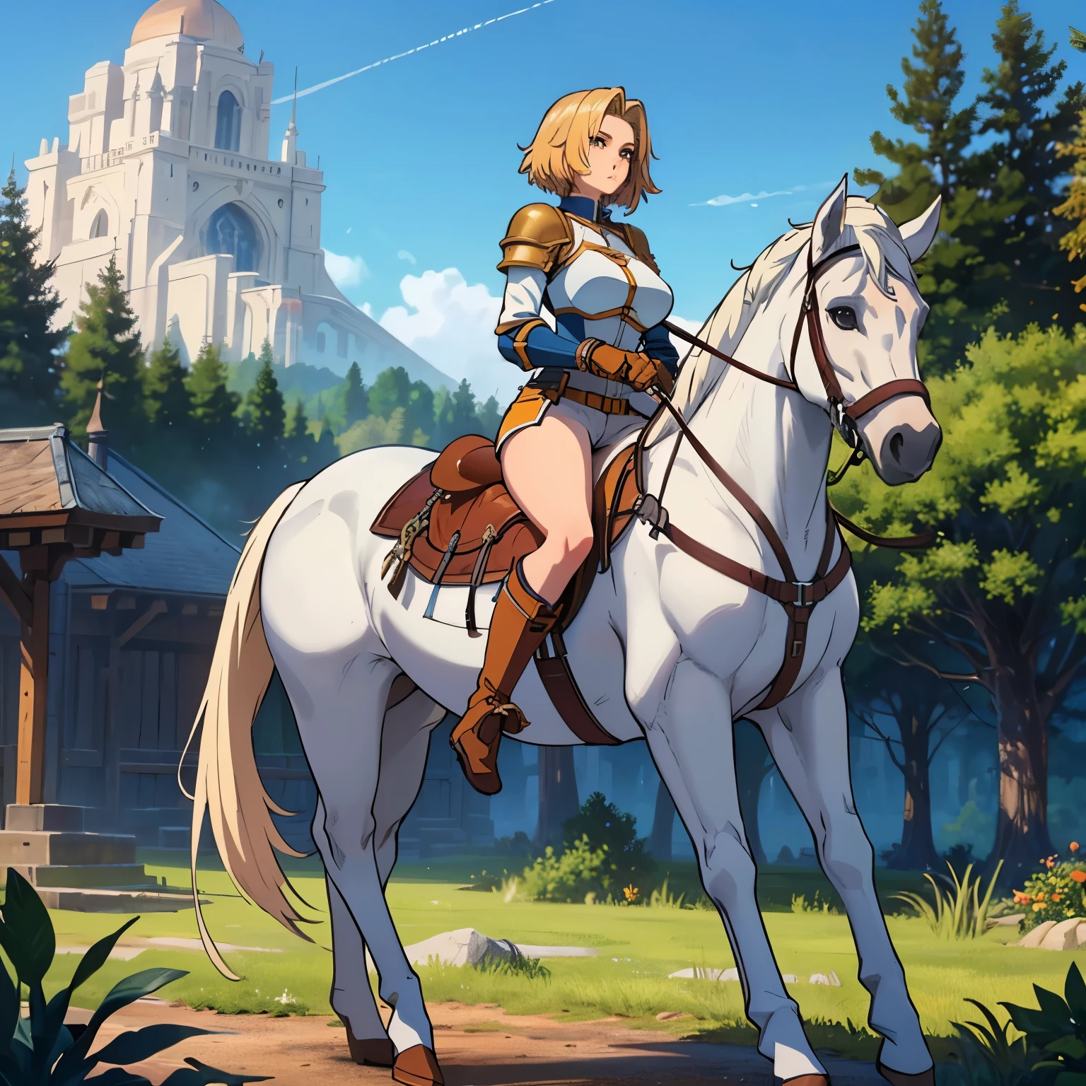 ((best quality)), ((anime masterpiece)), (detailed), cinematic lighting, vivid color, 8k, perfect face, large breast, a female knight riding a walking white horse in the woods+, (blue armor, orange shorts, leather boots), (white horse, saddle, stirups, reins: 1.5)++, forest, scenery, from side: 1.5, anatomically correct,