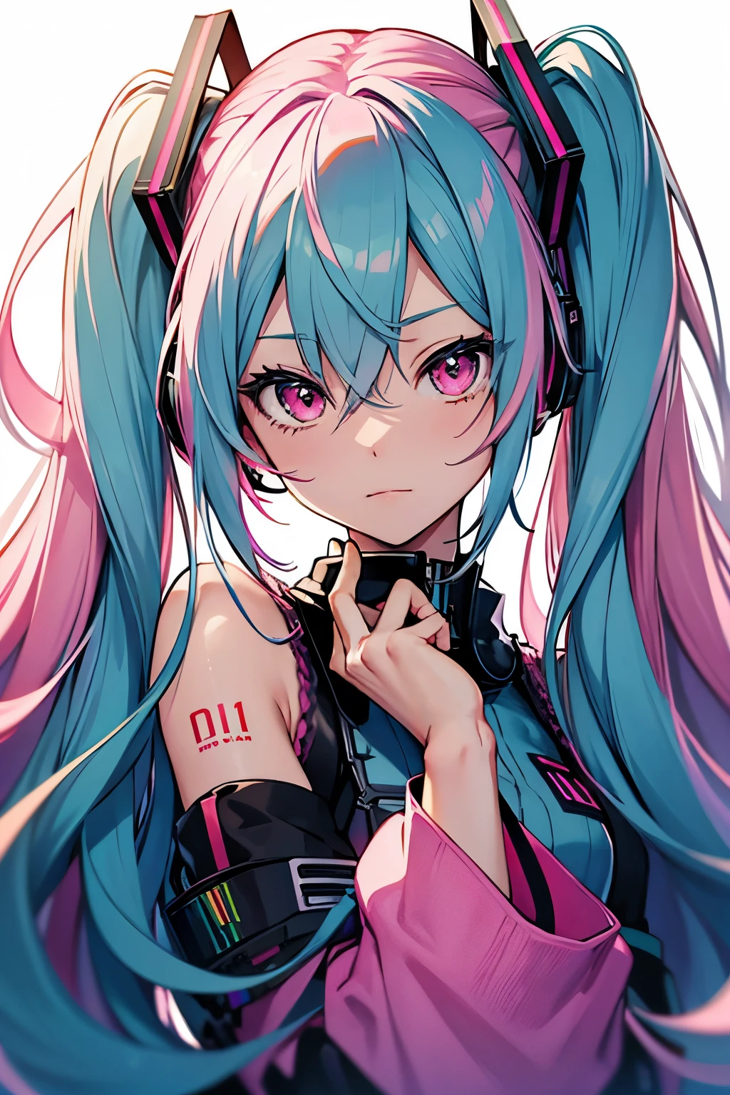 Hatsune Miku, Vocaloid, beautiful, Detailed face, Pink Hair, Pink Eyes, Pink Art, colorful, bright, whole body