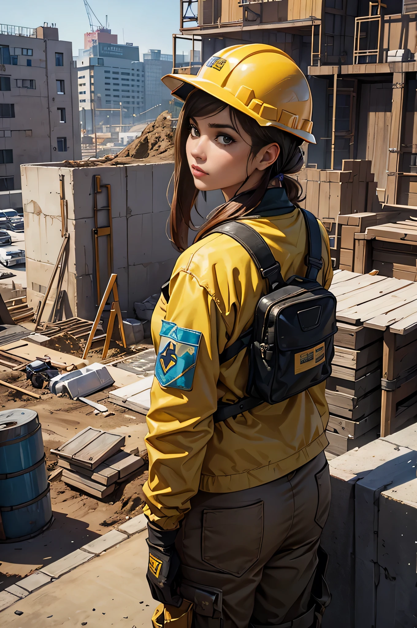 (High resolution,4K,highest quality:1.2),Very detailed,(Realistic:1.37), Girl at the construction site, wear long sleeve shirts, cargo pants, Helmet, Safety harness for working at height, Large-scale construction site,Professional,Industrial Lighting,Vibrant colors,Bokeh,Gritty atmosphere [Construction worker], [Urban], [Dynamic pose], [Powerful methods], [Safety Policy], [concrete], [crane], [Dust and debris], [Blueprint], [construction machinery], [steel frame], [Helmet], [Work gloves], [scaffold], [Looking at her from behind], [Construction site signage], [Noise and activity], [Yellow caution tape], [Sunlight and shadow], [Busy workers], [Dirt and mud], [Construction Vehicles], [Diligent] ,[She watches over the construction site from above..]This Professional prompt、I hope it helps you to create something beautiful, Detailed images of girls working on a construction site.。