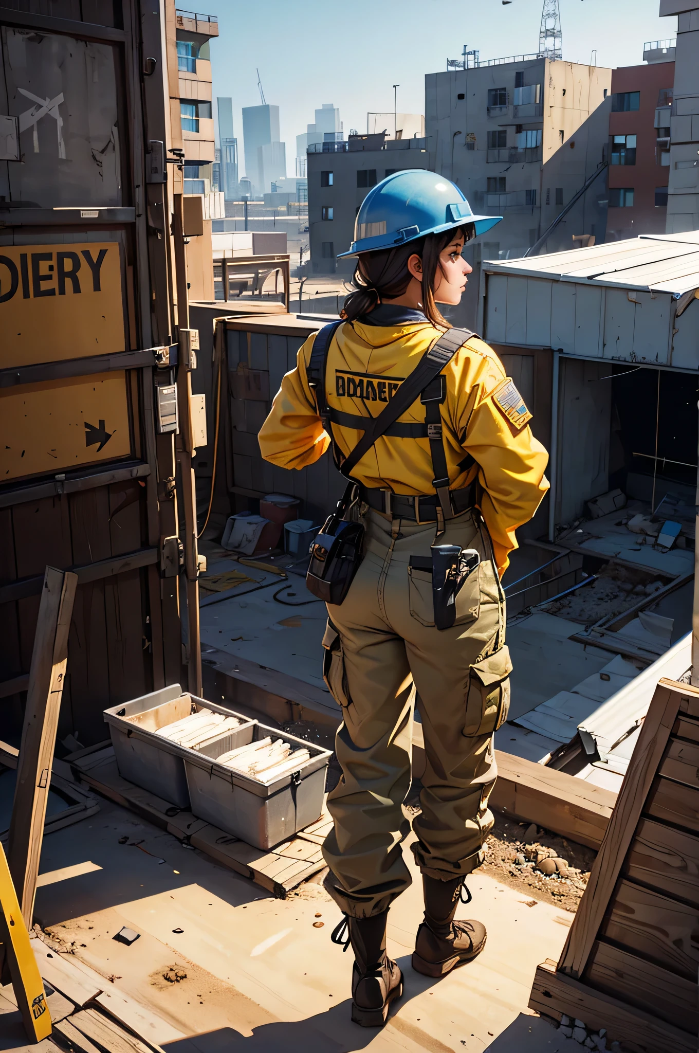 (High resolution,4K,highest quality:1.2),Very detailed,(Realistic:1.37), Girl at the construction site, wear long sleeve shirts, cargo pants, Helmet, Safety harness for working at height, Large-scale construction site,Professional,Industrial Lighting,Vibrant colors,Bokeh,Gritty atmosphere [Construction worker], [Urban], [Dynamic pose], [Powerful methods], [Safety Policy], [concrete], [crane], [Dust and debris], [Blueprint], [construction machinery], [steel frame], [Helmet], [Work gloves], [scaffold], [Looking at her from behind], [Construction site signage], [Noise and activity], [Yellow caution tape], [Sunlight and shadow], [Busy workers], [Dirt and mud], [Construction Vehicles], [Diligent] ,[She watches over the construction site from above..]This Professional prompt、I hope it helps you to create something beautiful, Detailed images of girls working on a construction site.。