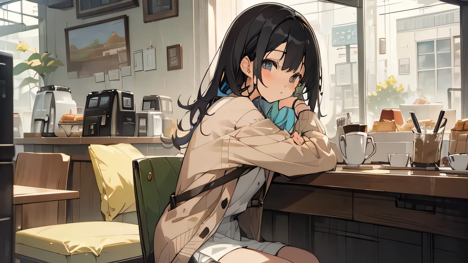 Pastel scenery,Stylish cafe,Anime Style,Freshly Brewed Coffee,A colorful display of baked goods, Relaxed atmosphere, Cozy atmosphere,Beautiful girl with black hair sitting and drinking coffee,Wearing a beige cardigan