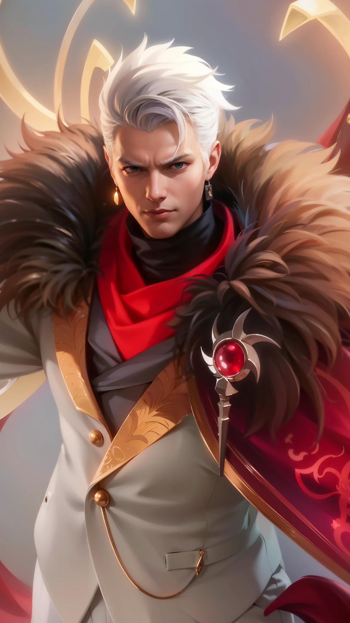 a man in a white suit and red scarf holding a sword, son of sparda, handsome guy in demon slayer art, key anime art, keqing from genshin impact, ig model | artgerm, rossdraws 1. 0, rossdraws 2. 0, sakimichan frank franzzeta, heise jinyao, rossdraws digital painting