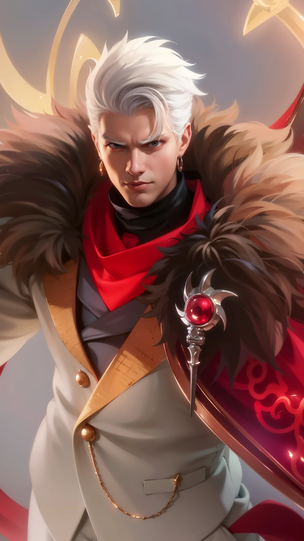 a man in a white suit and red scarf holding a sword, son of sparda, handsome guy in demon slayer art, key anime art, keqing from genshin impact, ig model | artgerm, rossdraws 1. 0, rossdraws 2. 0, sakimichan frank franzzeta, heise jinyao, rossdraws digital painting
