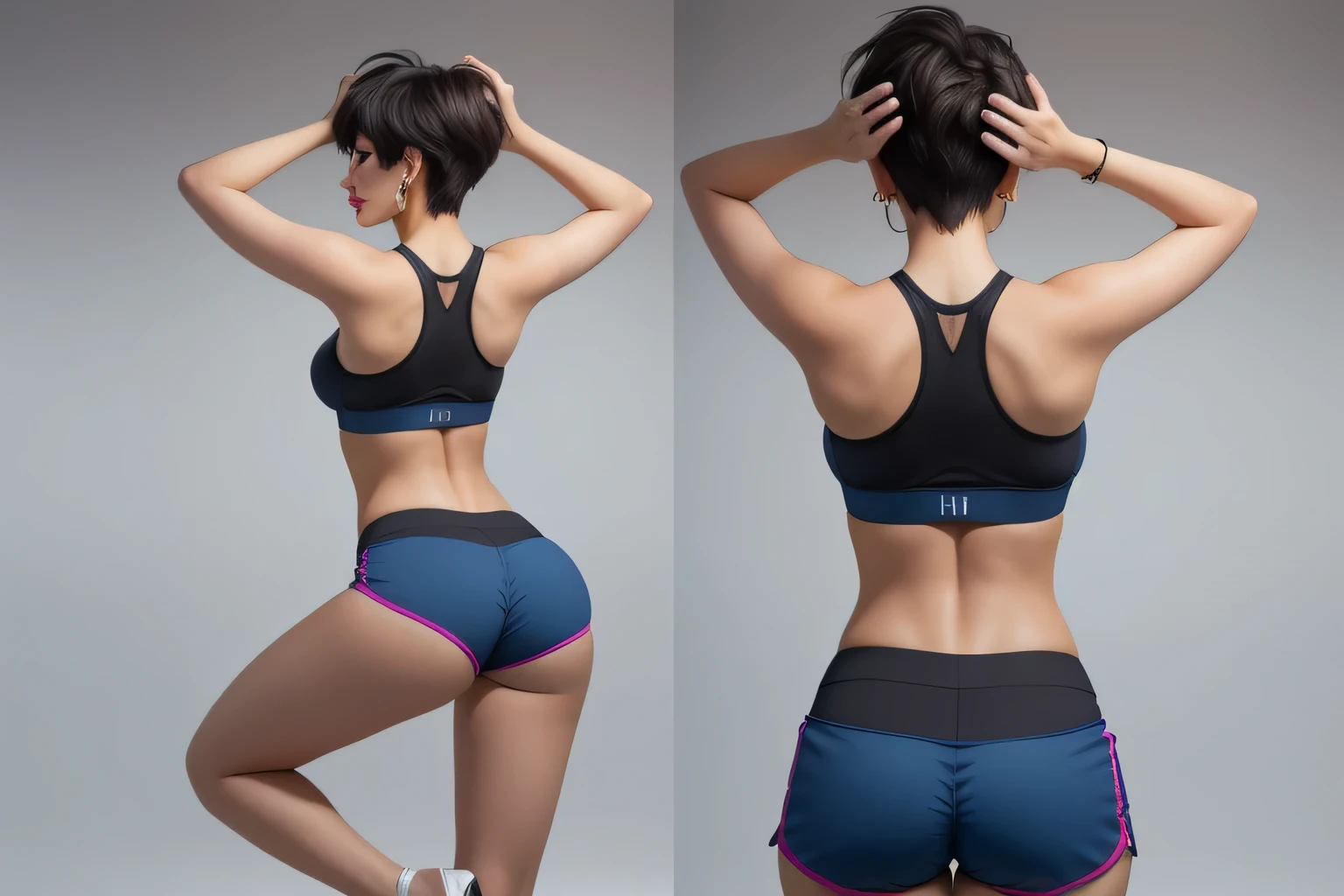 there is a woman who is playing with a remote control, sports bra and dark blue shorts, with her arms up, dancing in the background, other women dancing behind, shot from behind, toned bottom, working out, back pose, in action pose, photo from behind, photo from behind, sports bra and shorts, rear view!!, jumping with arms up, toned behind, making a cheeky pose, with the middle of the waist up, extremely hot and sexy. back photo, toned back, back photo, from behind. Beautiful woman, slim back, 38 years old, pretty woman, dark brown eyes, ((beautiful slim woman, 38 years old, hair color [black hair], hair [pixie cut])), earrings, lips, realistic, slim waist , charming, pink lipstick, colorful makeup, long chosen, earrings, wears eyeliner, fair skin, (sexy), (detailed face), detailed eyes, detailed iris, sexy look, looking at the viewer, (hot), beautiful body and soft, voluptuous woman, crop top, thong, shorts, ((full body))