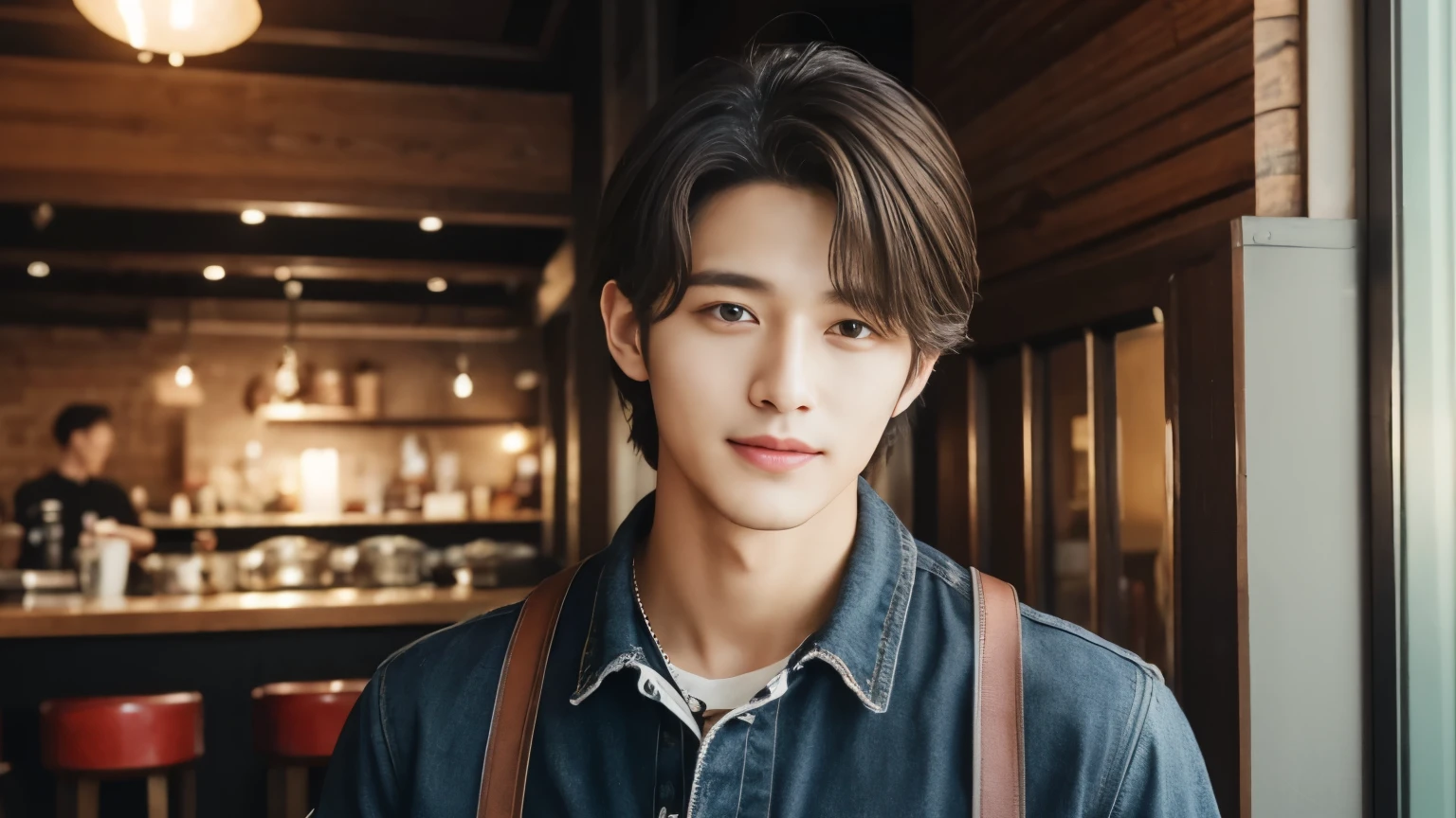 musician、A refreshing, handsome man in his 20s、（Super cool S-class guy）、Japanese Male, 20-year-old、、Open Cafeで撮影、a handsome guy、（CG Unity 8K high resolution photo）、（Very detailedＳクラスのa handsome guy性）、（Realistic）、（highest quality））、Very detailed、super high quality、expensive、audience、kind person、Very beautiful hair　Perm Hair、Bright photo、Handsome like a model、Handsome like an idol、Looking at the camera、inside a stylish cafe、Open Cafe、Cafe Terrace