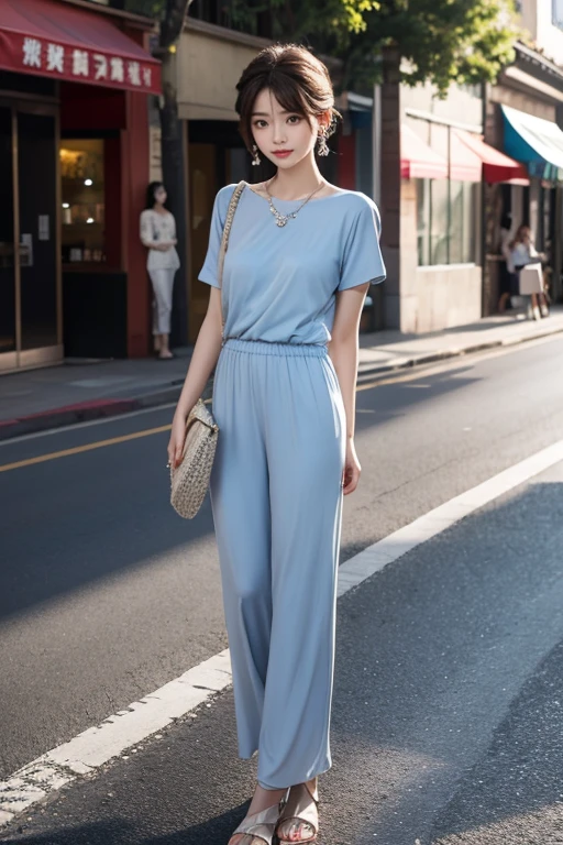 highest quality, Very detailed, masterpiece, 1 person,woman,(((完璧なwomanの体))),Very beautiful face, Very beautiful body,Gentle expression, Very beautiful eyes,(Perfect Makeup:1.1), (((Very beautiful fine hair))),short hair,Shaggy Hair,Ash Brown Hair:1.3, Very thin body,Smart Abs, Ash Black,Short sleeve dress shirt,Cotton long pants,necklace,anklet,Elegant sandals,ショートShaggy Hair,Chignon Hair,A kind smile,Full body portrait,(Street background:1.3), (Shiny skin), (Many colors:1.4) ,(Earrings),