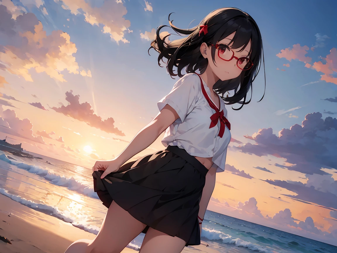 A girl with soft black hair lifting up her skirt、Red glasses、White short-sleeved shirt with cute ribbon、Bright red flared skirt、White underwear visible when skirt is lifted、Bare feet and sandals、Sandy beach, cumulonimbus clouds and sunset、Standing posture、Angle from the feet
