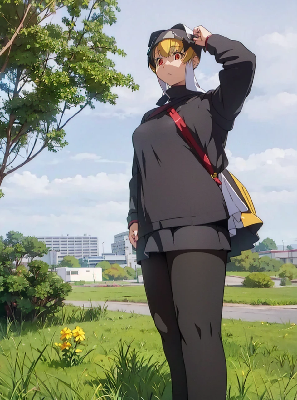 cute girl,yellow dress,yellow knee high socks,ribbon,red eyes,(best quality),(depth of field),((Anime Style)),shiny legs:1.2