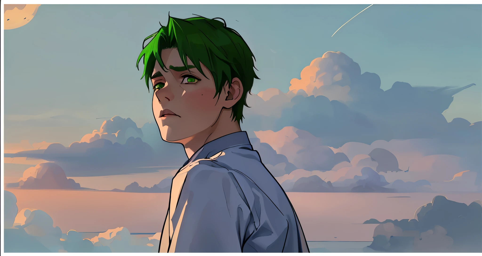 young man with green hair 16 years old is sad worried scared surprised