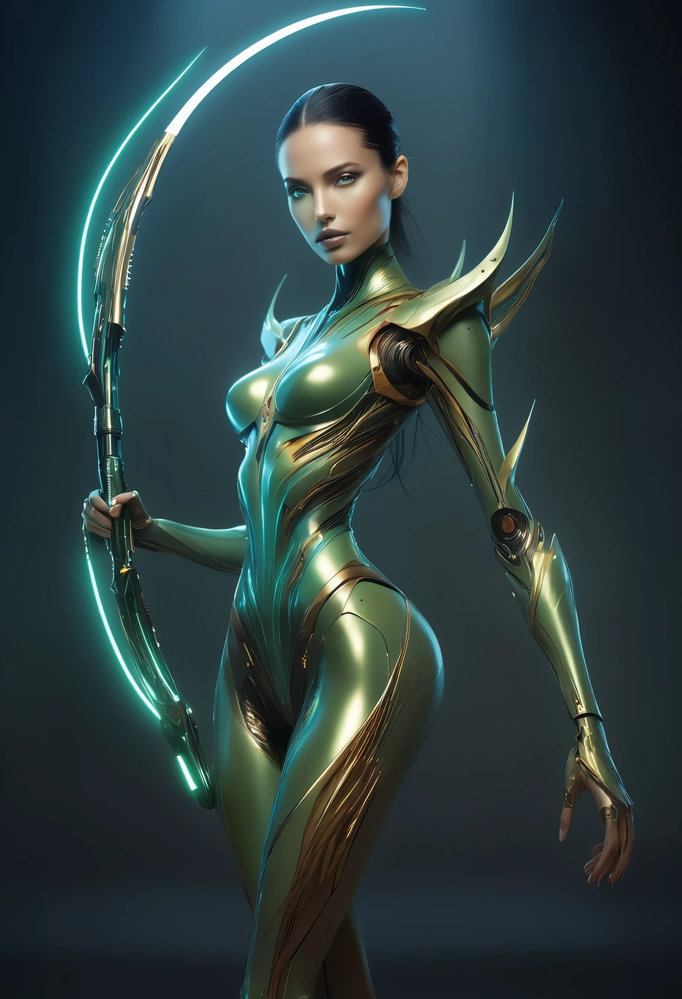 (Best Quality, 4K, 8K, High Definition, Masterpiece: 1.2), (Ultra Detailed, Realistic, Photorealistic: 1.37), a female android bearing the distinctive traits of a praying mantis, crafted to be both alluring and fearsome in equal measure. Her form is sleek and streamlined, resembling the elegant silhouette of a dancer, yet overlaid with an unmistakable aura of danger. (She has a laser scythes in both arms:1.8). mantis-like face, Her metallic exoskeleton gleams with a lustrous sheen, reflecting the ambient light in shades of emerald and jade. Each segment of her body is meticulously designed to emulate the intricate carapace of a mantis, conveying both strength and agility. Her elongated limbs are adorned with serrated edges, reminiscent of the serrations found on the legs of a real mantis. These razor-sharp appendages are capable of delivering devastating blows or executing precise, surgical movements with equal ease. Her face is an enigma, simultaneously captivating and unsettling. Smooth synthetic skin covers her features, giving her an appearance of ethereal beauty, yet her eyes betray a cold, calculated intelligence. They gleam with an otherworldly glow, hinting at the depths of her artificial mind. From her slender neck, a pair of delicate antennae extend gracefully, swaying with every subtle movement. These antennae serve as both sensors and communication devices, allowing her to perceive the world around her with unparalleled precision. As she moves, her motions are fluid and graceful, reminiscent of a dancer performing an intricate ballet. Despite her mechanical nature, she exudes an air of predatory elegance, each movement calculated for maximum efficiency and lethality. The background is the future city center at night. (full body photo)