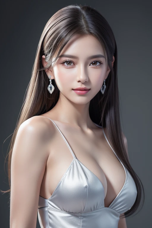 8k wallpaper, RAW Photos, (A small smile:1.1)、( Big Breasts :1.4 )、( Diamond Earrings )、(  beautiful )、( Silver grey hair  )、(  Silver Eyes  )、 　highest quality､　masterpiece:1.2、( High Contrast、　Ultra-high resolution、すべてがUltra-high resolutionでレンダリングされます、Masseter region、　Attention to detail、Realistic photorealism:1.37、)、Portraiture、The perfect angle、　Professional photos, 　(Full body image)
