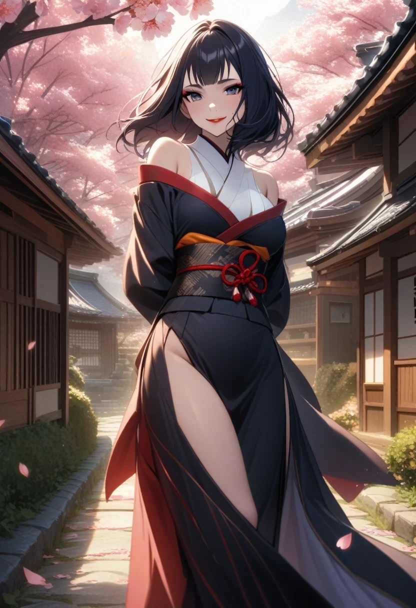 A breathtakingly beautiful anime girl with long, flowing raven-black hair that cascades down past her waist. Her almond-shaped eyes, a vivid shade of turquoise, sparkle with an ethereal glow, capturing the viewer's attention instantly. Her delicate, porcelain skin is flawless and glistening, contrasting beautifully against the deep red of her full, luscious lips. She has an hourglass figure, accentuated by a modest bust line and curvy hips. She is dressed in a traditional Japanese kimono, its intricate design of cherry blossoms and dragons expertly woven into the silk fabric. The kimono is left open at the neck, revealing a pale pink obi sash tied around her waist, and a black choker adorning her neck. Around her slender wrists are delicate, pale pink arm warmers. Her attire is completed by traditional white socks and black sandals. Against a backdrop of a serene, cloud-filled sky and a stunning sunset, the anime girl stands with her head held high, exuding confidence and grace. The image is a testament to the impeccable beauty and timeless allure of traditional Japanese art and fashion.