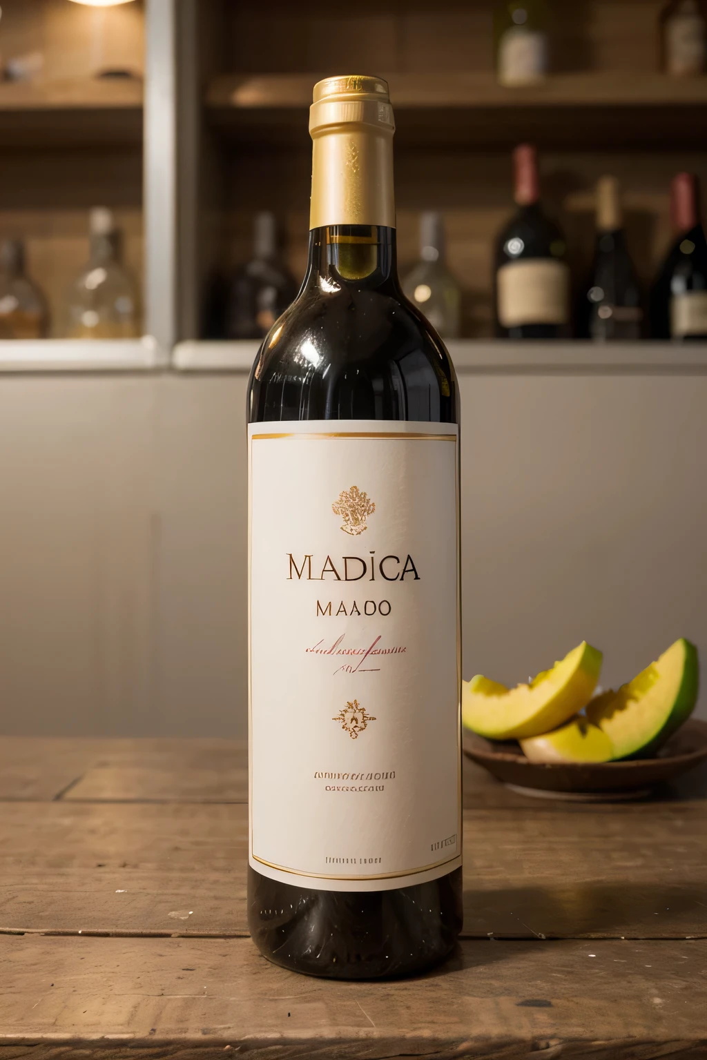 A madica wine (mango-based wine) product with a fancy bottle. Semi-realistic illustration