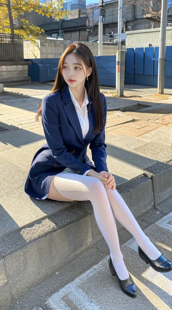 Best quality, full body portrait, delicate face, pretty face, 25 year old woman, slim figure, small bust, OL uniform, office clothes, pure stockings, outdoor scene, sitting position