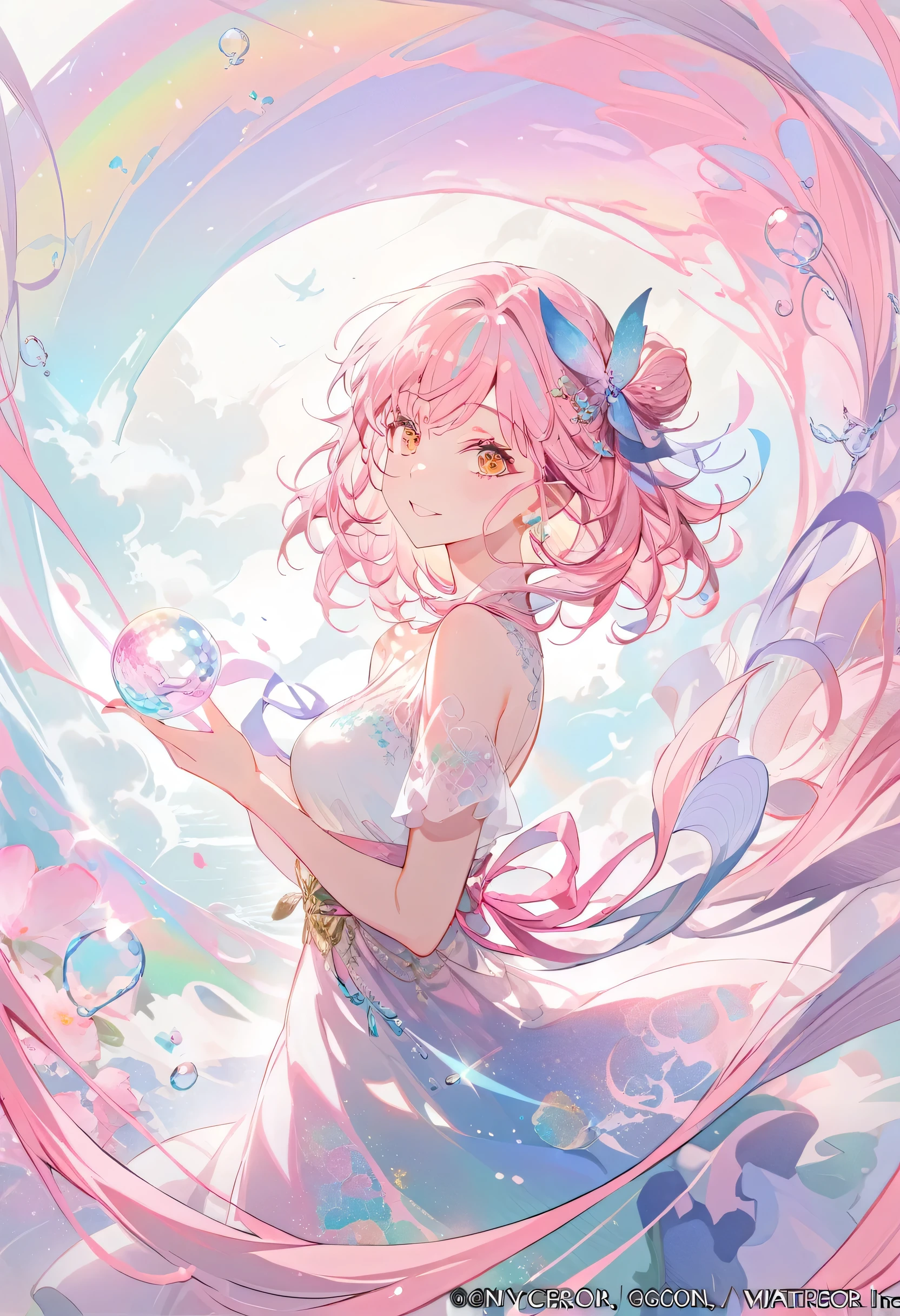 (masterpiece, top quality, best quality, watercolor (Moderate), official art, Beautiful and beautiful: 1.2), (1 girl: 1.3), (Fractal Art: 1.3), morning, Good morning, Smile, sunny, hapiness, View viewer, pattern, Waves, (Rainbow Hair, rich and colorful Hair: 1.2), Sky, gas, cloud, rich and colorful, Soap Bubbles