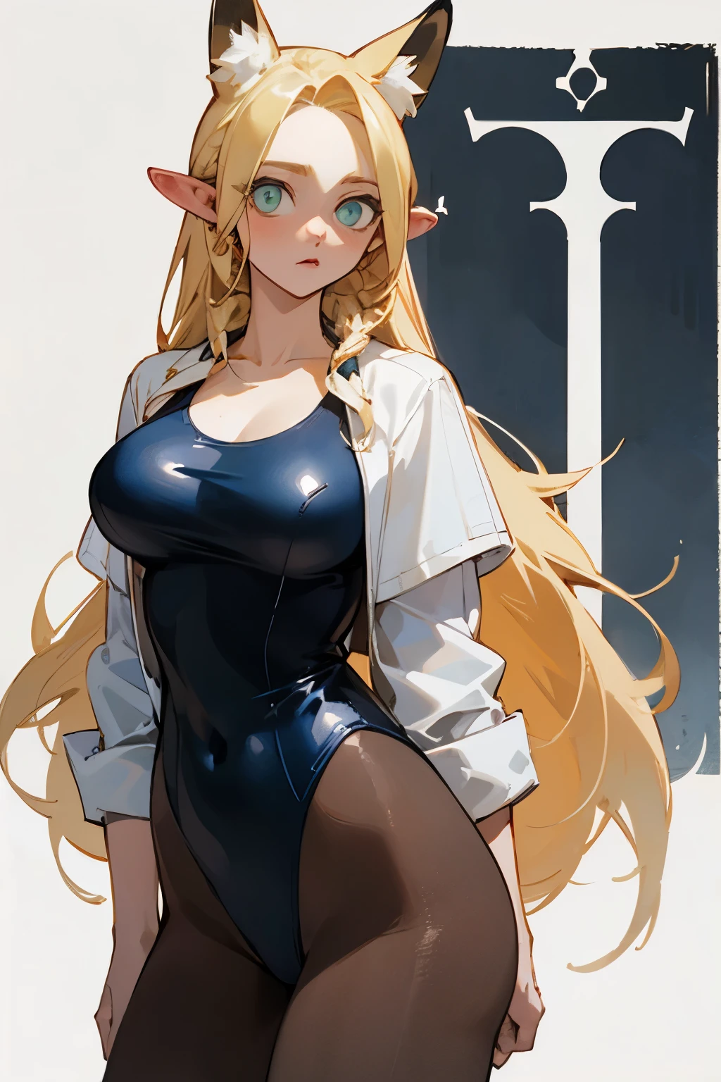 (Fox ears), Exquisite eyes, Blonde , masterpiece, high quality, Large ,Black pantyhoep V one-piece swimsuit,White shirt