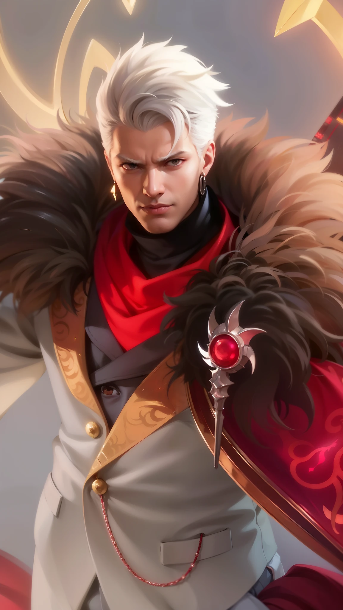 a man in a white suit and red scarf holding a sword, son of sparda, handsome guy in demon slayer art, key anime art, keqing from genshin impact, ig model | artgerm, rossdraws 1. 0, rossdraws 2. 0, sakimichan frank franzzeta, heise jinyao, rossdraws digital painting