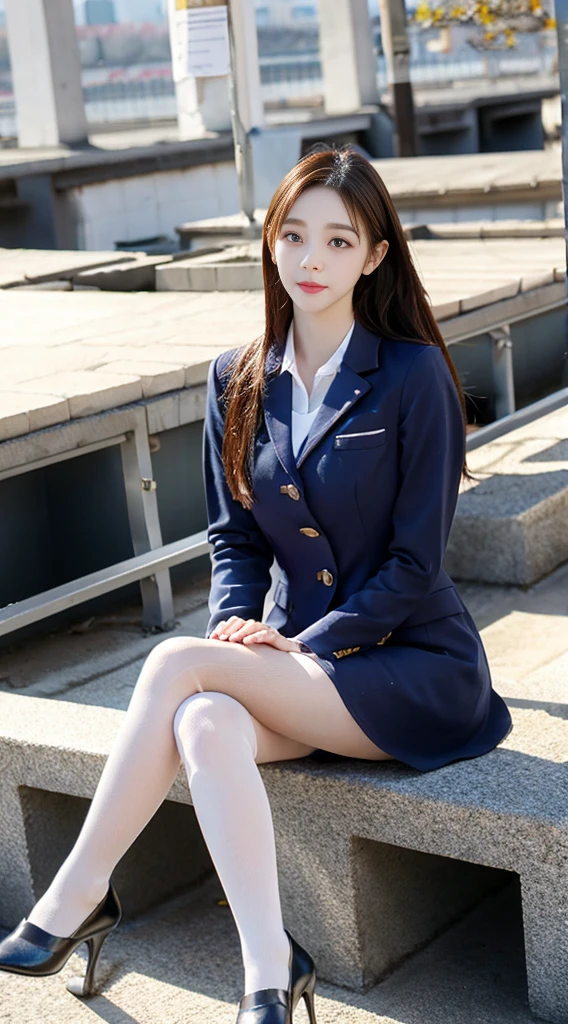 Best quality, full body portrait, delicate face, pretty face, 25 year old woman, slim figure, small bust, OL uniform, office clothes, pure stockings, outdoor scene, sitting position