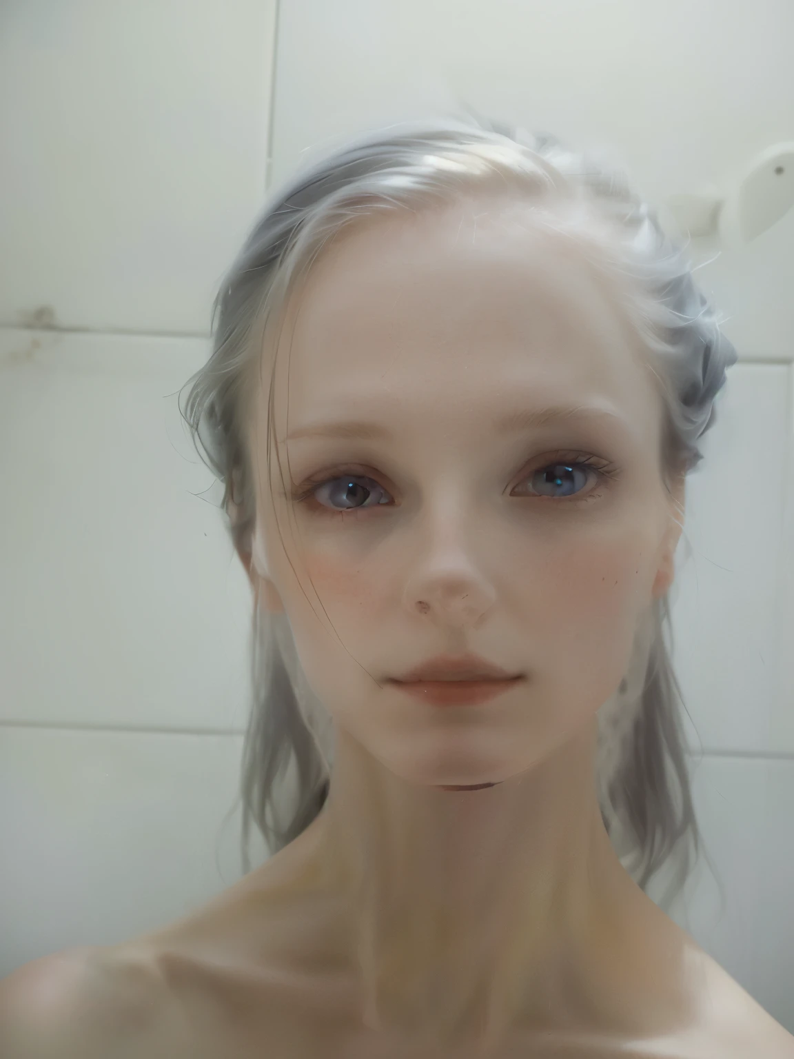Woman takes selfie in bathroom, without makeup, no facial features, pale woman, (38 years), wet face, 30 year old woman, 30 year old woman, pale complexion, No make up, extremely pale white skin, extremely pale, very very pale white skin, face photo, skinny at age 25, No eyebrows
