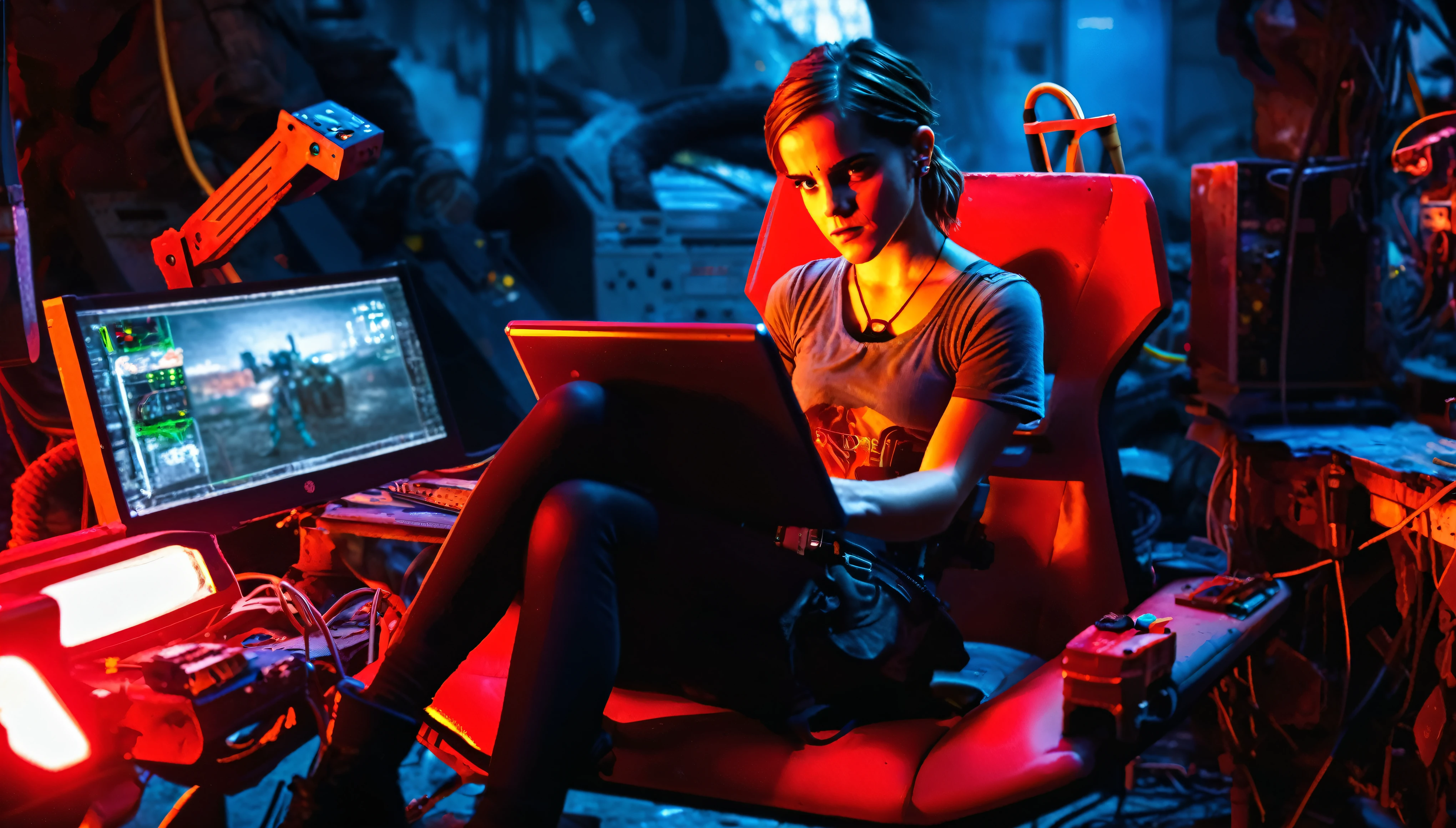 Emma Watson sitting on a red armchair facing the viewer in an apocalyptic wasteland environment, pigtailed hair, ripped dark grey leather clothes, cutoff shirt, hot pants, highly detailed face, slightly smiling, legs spread, very short dark worn socks, electronic lab tools on a workbench and computer parts laying around, screens show dark themed user interfaces, LEDs on several devices illuminate the room and show activity