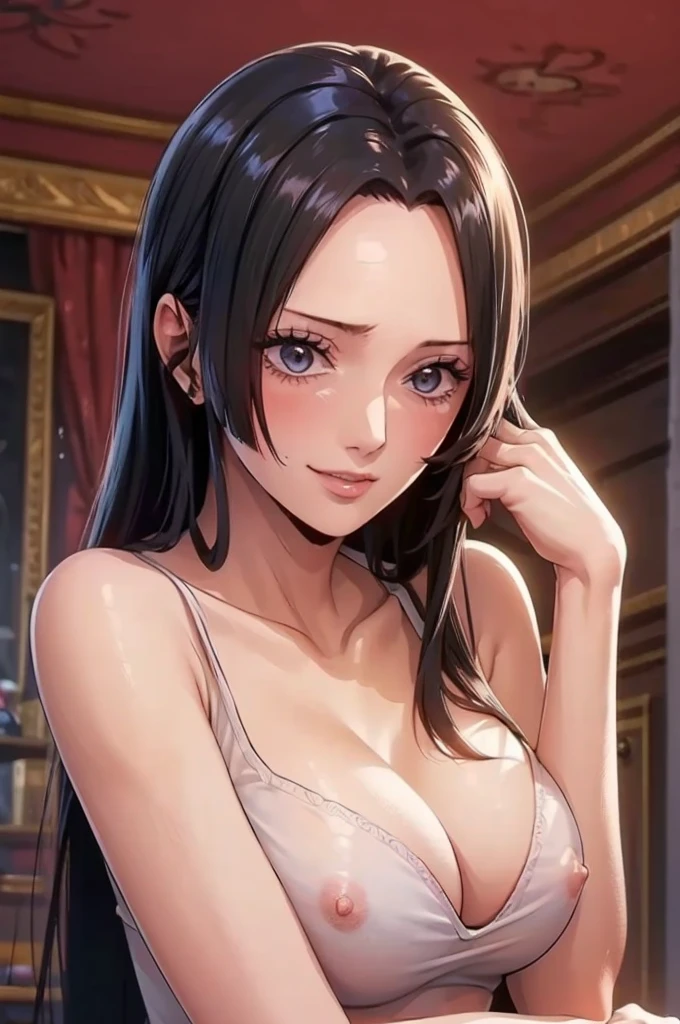 (((masterpiece))), (((best quality))), ((ultra-detailed)), (highly detailed CG illustration), Boa Hancock, (nsfw:1.4), (masterpiece:1.5), Detailed Photo, Smiling, Sexy, (Best Quality: 1.4), (1girl), Beautiful Face, (Black Hair, long Hair: 1.3), Beautiful Hairstyle, beautiful detail eyes, (realistic skin), beautiful skin, absurd, attractive, ultra high resolution, high definition, (sexually aroused:1.5), Pinkish white skin, cool white light, sexy pose, Beautiful , white background, pink soft white light, Wear a white tank top,