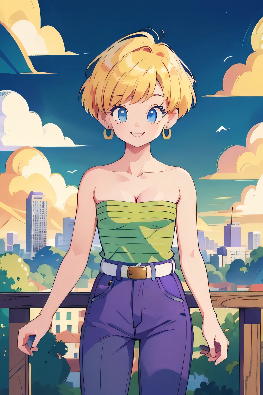 (Best Quality, Masterpiece:1.4), (Absurdres:1.2), 1 girl, Solo, erasa, blonde hair, blue eyes, earrings, green shirt, striped, strapless, cleavage, white belt, purple pants, small breasts, sky, clouds, cityscape, smile, looking at viewer, cowboy shot, railing