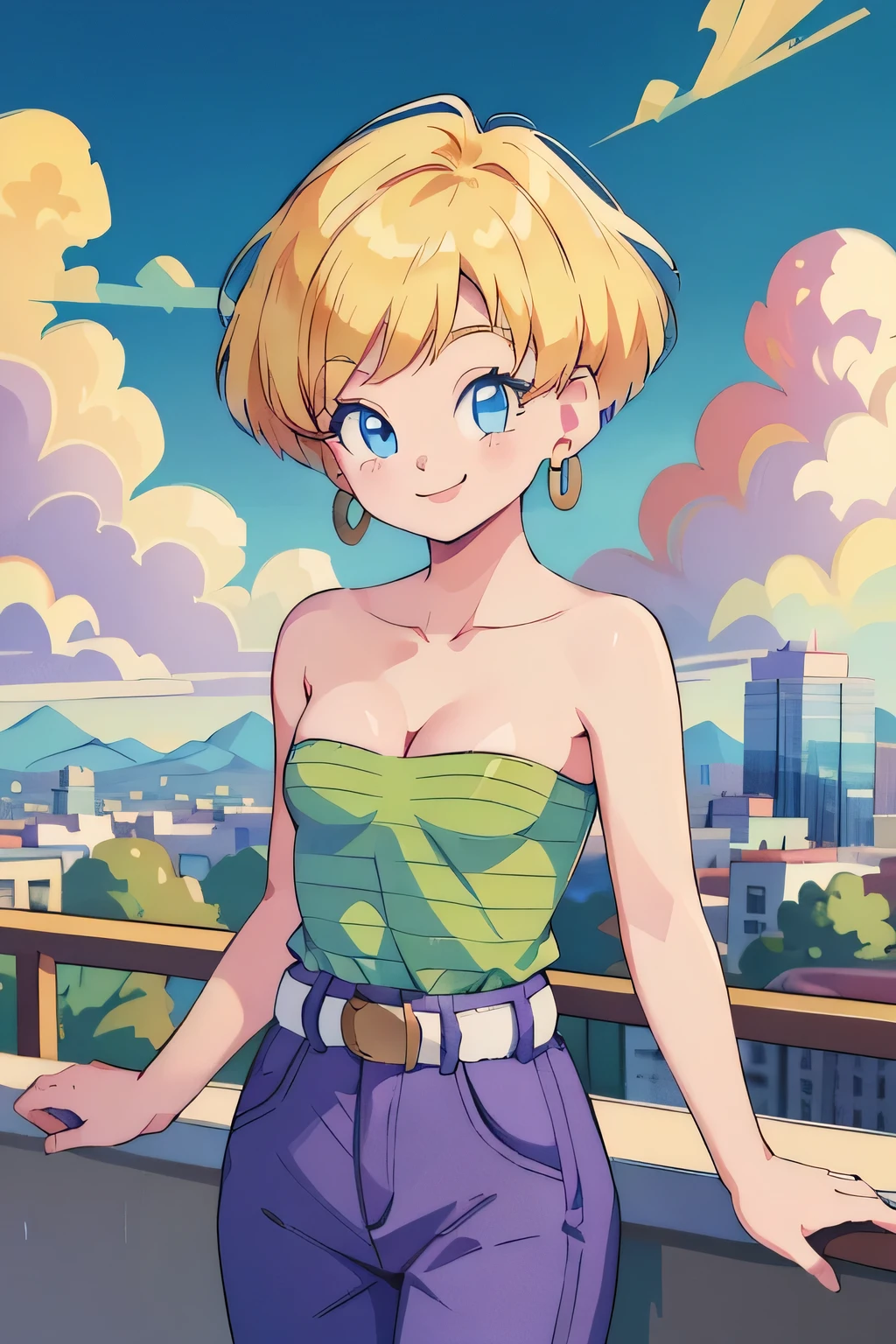 (Best Quality, Masterpiece:1.4), (Absurdres:1.2), 1 girl, Solo, erasa, blonde hair, blue eyes, earrings, green shirt, striped, strapless, cleavage, white belt, purple pants, small breasts, sky, clouds, cityscape, smile, looking at viewer, cowboy shot, railing