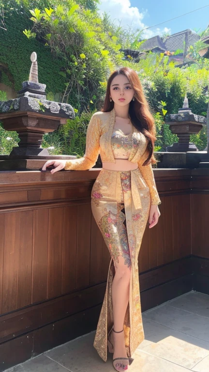 masterpiece, ultra realistic,32k,intricate details, sharp focus, realistic, closed, seductive pose, black eyes, jewelr, lips, realistic, looking_at_viewer, irene1, wet skin, shiny skin, long sleeves, indonesian clothes, bali, balinese, cityscape, dynamic pose, red kebaya,full body,busty body,curvy body,long hair,beauty face,cowboy shot