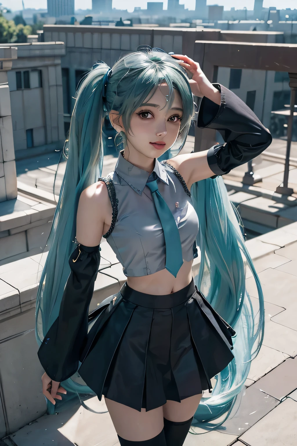 ((masterpiece)), ((sfw)), (best quality), (beautiful eyes), (from above), (blurry background), (depth of field), (outdoors), (rooftop), (backlighting), (sunlight), (Hatsune Miku), (twintails), (grey shirt), ((detached sleeves)), (sleeveless shirt), ((black sleeves)), ((navel)), (black skirt), (parted lips), ((A smile:0.6)), ((cowboy shot))