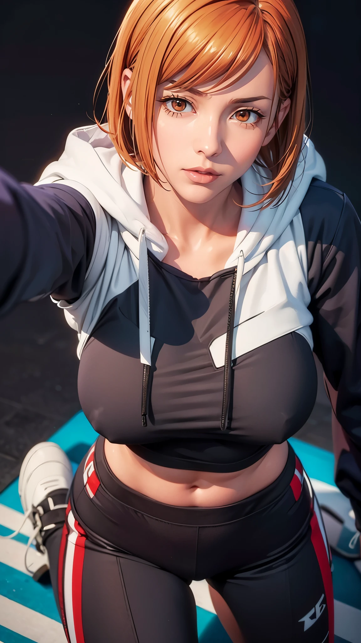 (((完美figure,figure,solo, (((A white hoodie jacket with a deep blue pattern on the shoulders, black pants, and white sneakers ))),(((nobarakugisakinova,Orange eyes,orange short hair))),((masterpiece)),high resolution, ((Best quality at best)),masterpiece,quality,Best quality,((( Exquisite facial features,Looking at the audience,There is light in the eyes,(((lol,confidence))),))),型figure:1.7))),(((Light and shadow,Huge breasts))),(((Looking at the camera,black background,)))
