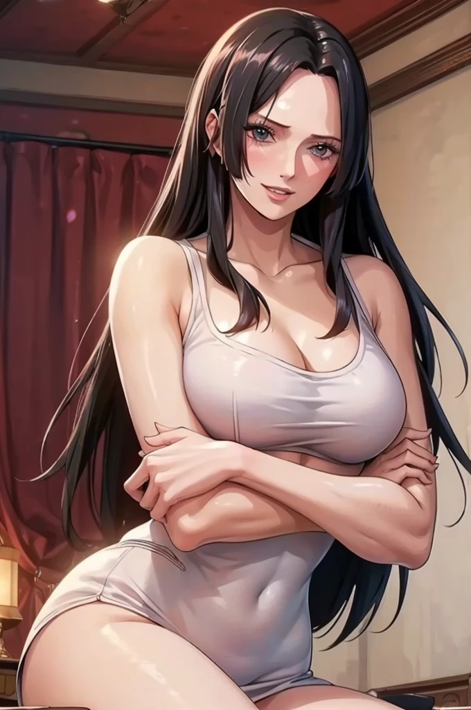 (((masterpiece))), (((best quality))), ((ultra-detailed)), (highly detailed CG illustration), Boa Hancock, (masterpiece:1.5), Detailed Photo, Smiling, Sexy, (Best Quality: 1.4), (1girl), Beautiful Face, (Black Hair, long Hair: 1.3), Beautiful Hairstyle,  beautiful detail eyes, (realistic skin), beautiful skin, absurd, attractive, ultra high resolution, high definition, (sexually aroused:1.5), Pinkish white skin, cool white light, sexy pose, Beautiful , white background, pink soft white light, Wear a white tank top,