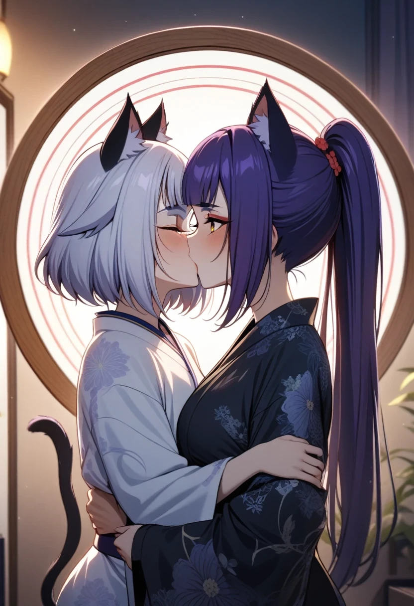 (shylily/(Twich/):1.5),(masterpiece:1.2),(best quality:1.2),, (1girl:1.3),masterpiece, high resolution, high quality, bedroom, night, 2 girls, (Black Kimono, Purple hair accessories, Large target, Cat ears, Floral, , Ponytail), (White Kimono, Red hair accessories, Large target, Cat ears, Floral pattern, Yellow eyes, white hair, Double tail), Wu, kiss