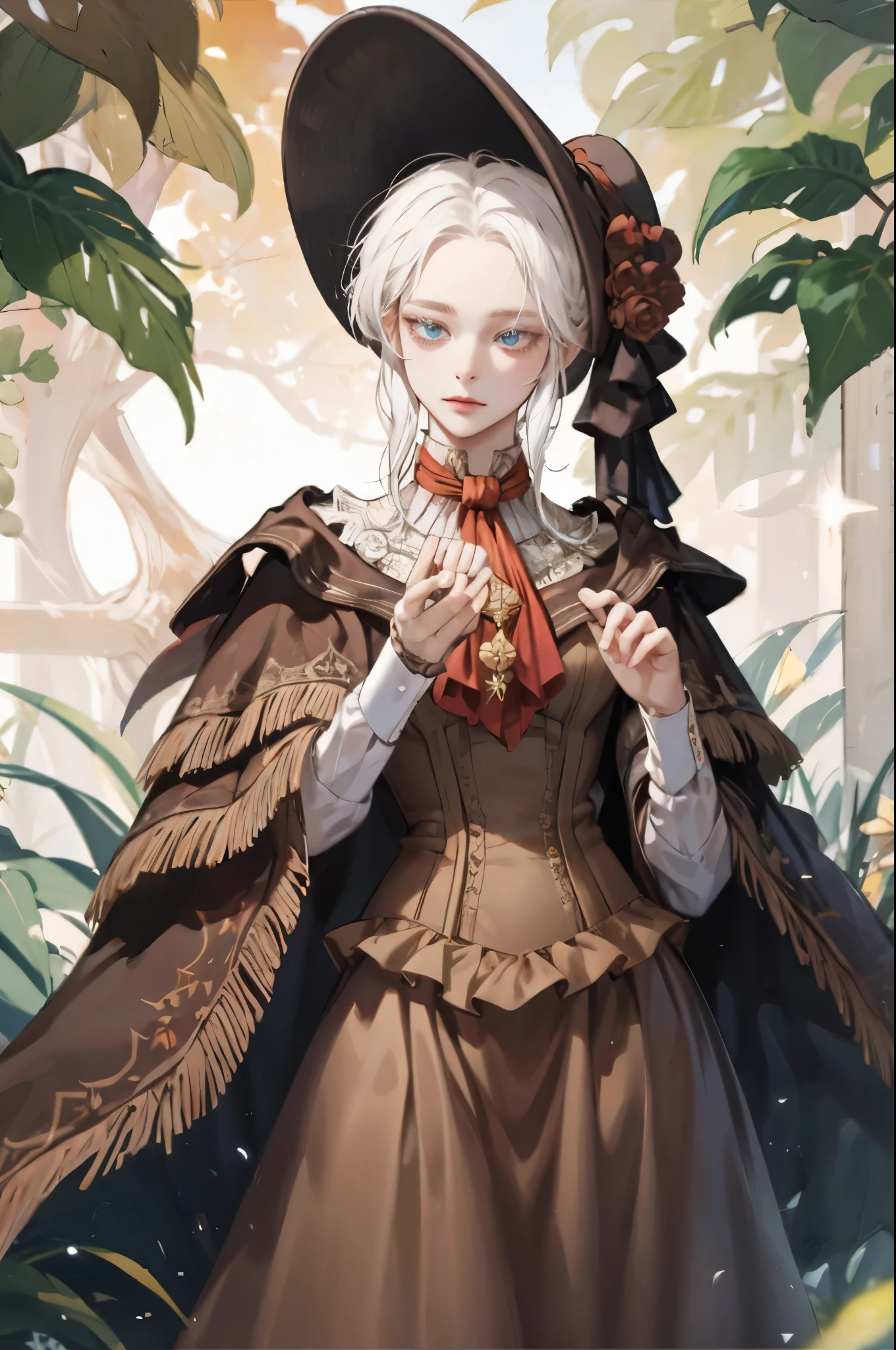 perfect eyes:1.2, detailed eyes:1.4, plaindoll, white hair, pale skin, bags under eyes, (colored eyelashes, white eyelashes:1.2), doll joints, bonnet, brown cloak, long dress, red ascot, emotionless, autumn, forest, fog, dead trees, medium breasts, muted color, cowboy shot, 1girl, solo, (masterpiece:1.6, best quality),
