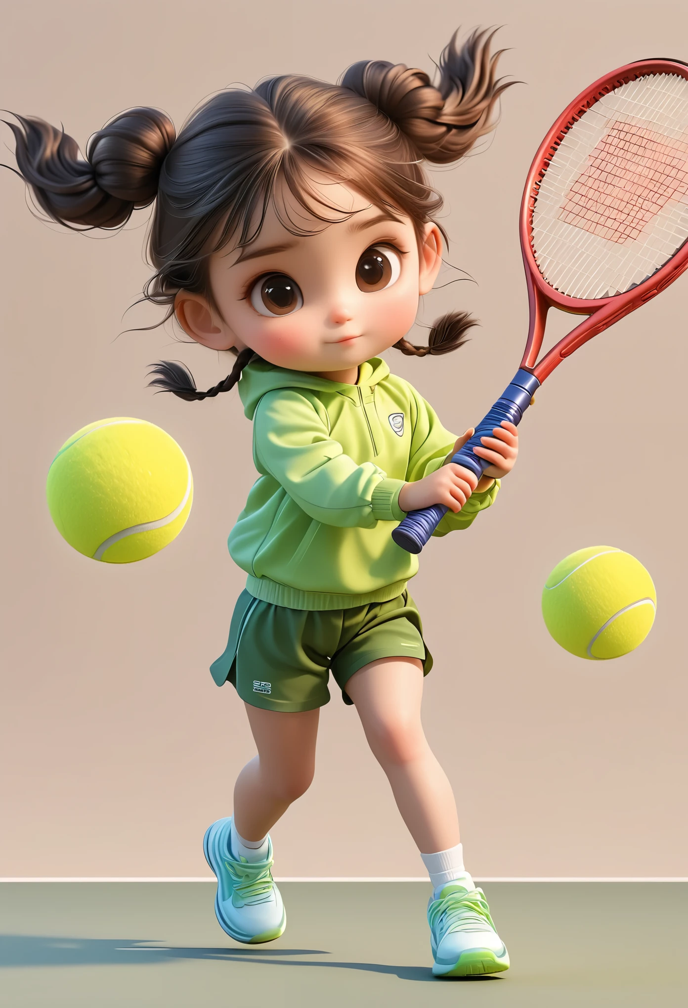 3D，1 Girl，2 small braids，tennis racket，Sportswear Set，Cartoon Style