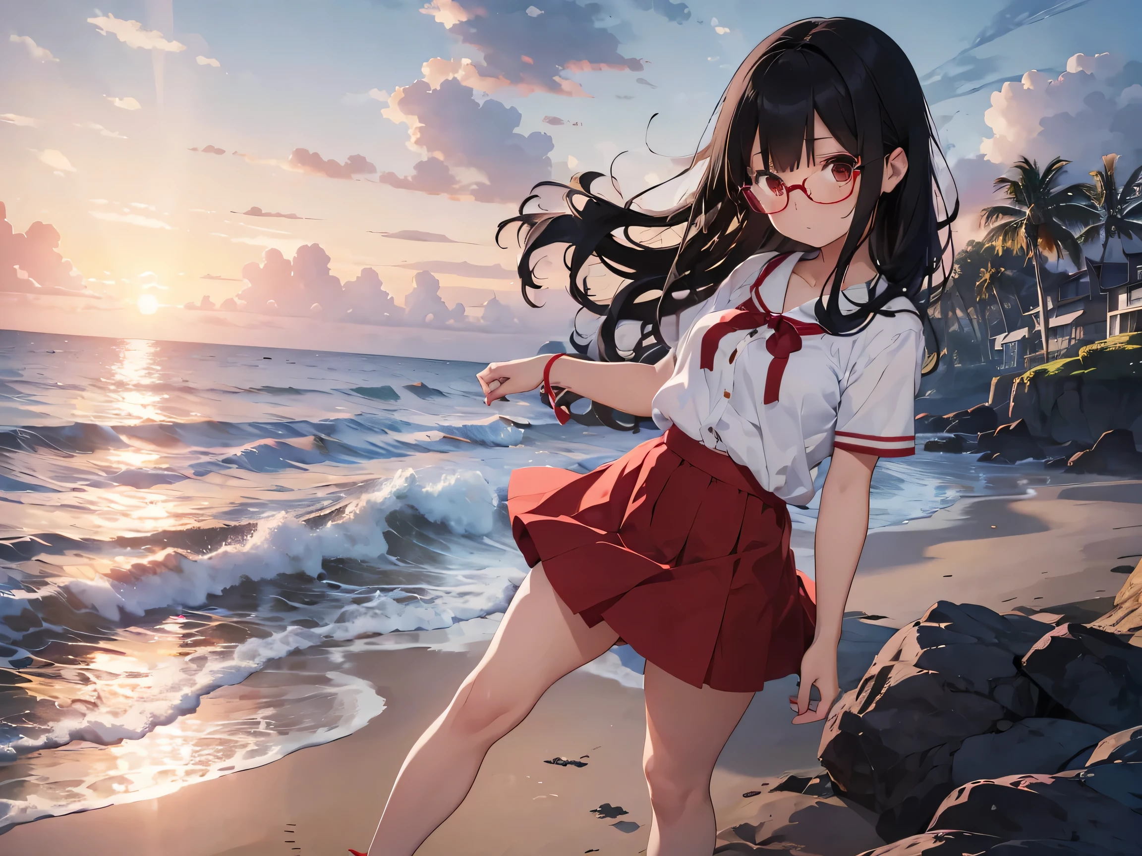 A girl with soft black hair lifting up her skirt、Red glasses、White short-sleeved shirt with cute ribbon、Bright red flared skirt、White underwear visible when skirt is lifted、Bare feet and sandals、Sandy beach, cumulonimbus clouds and sunset、Standing posture、Angle from the feet
