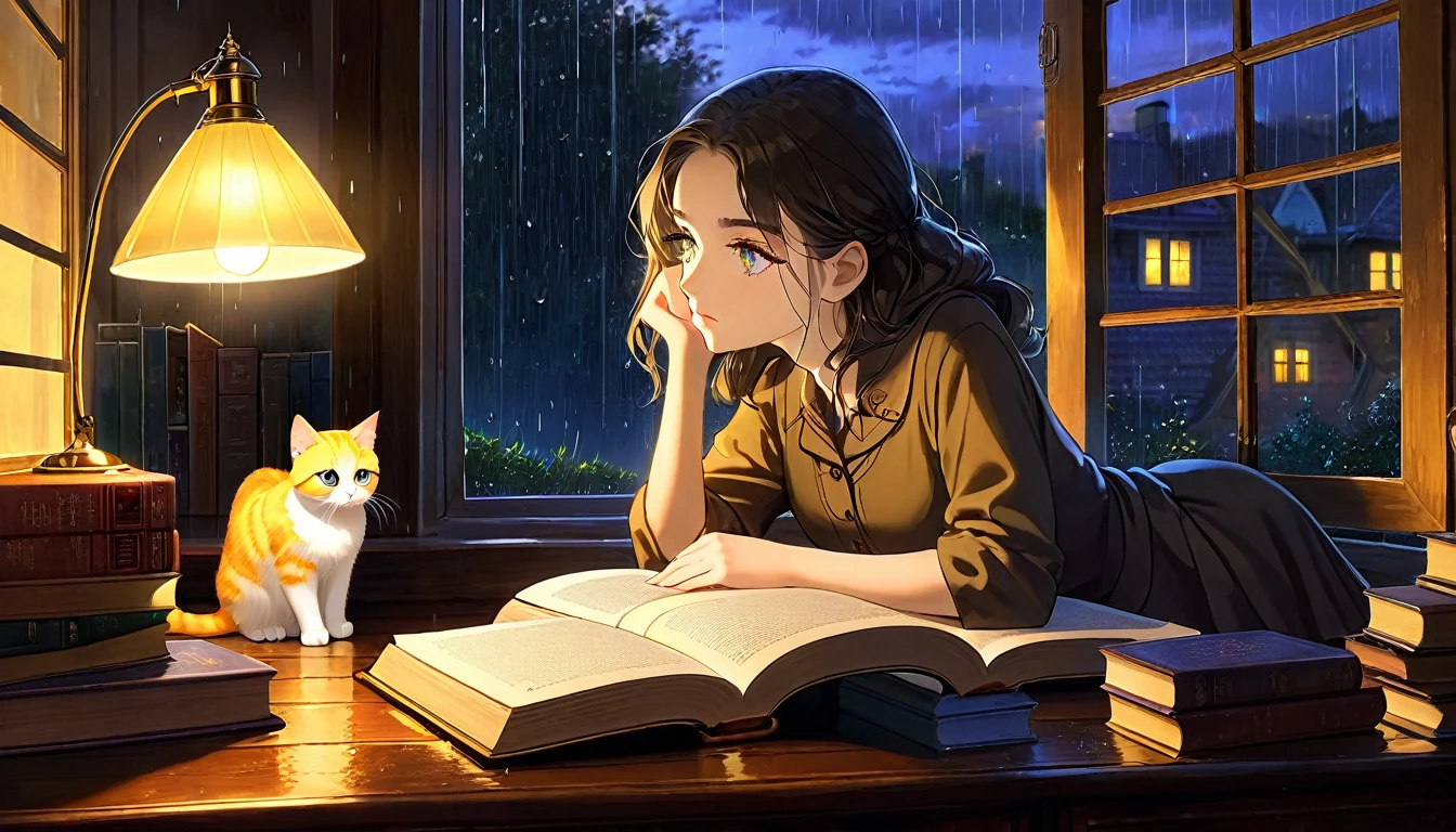 Masterpiece, Best quality, 1girl, Cozy corner, Jumble of books, Profound study, Desk lamp, Yellow glow, Peaceful ambiance, Quiet night, Window, Tranquil countenance, Intensity of concentration, Composed posture, Inquisitive eyes, Subtle tilt, Nimble fingers, Timeworn margins, Sultry aura, Silent focus, Deep in thought, Scholar, Old world wisdom, Intellectual, Thoughtful, Pensive, Well-read, Intellect, Knowledgeable, Wisdom seeker, Glimpse into the mind, Soaking up the knowledge, Absorbing the information.
A girl, enscon,evening,rainy,with cat,
