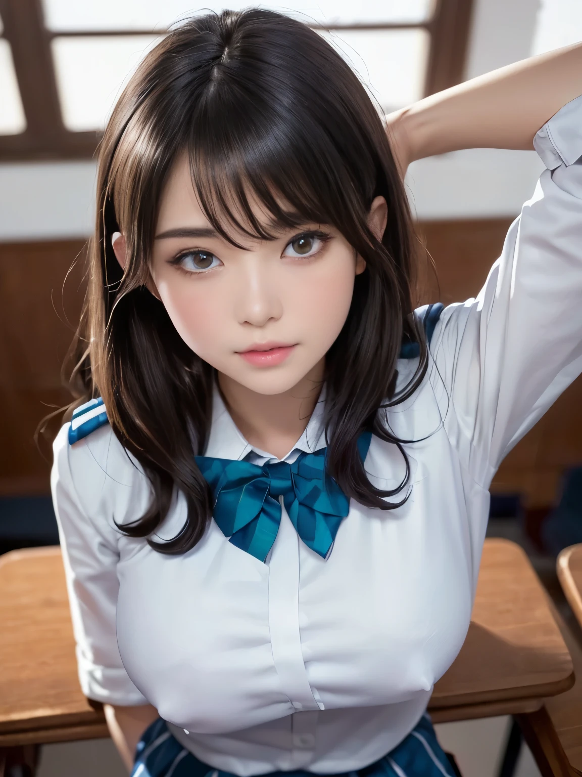 masterpiece,highest quality,Ultra-high resolution、Beautiful women,Mature Woman、((In the classroom))、((Detailed ,Detailed JK Uniform:1.57))、8K Photo,(Photorealistic:1.37,Surreal),Highly detailed integrated CG 16K raw photos:1.5、One girl,(((Perfect body:1.2)),(Beautiful breast bulge:1.2),Amber Eyes,Eye highlights,Downcast eyes,Looking at the audience,(((Straight from the front)))),Smile shyly,(high quality skins:1.2,shiny silky skin),Anatomically accurate depiction、8K Ultra HD,Digital SLR,Soft lighting,super high quality,Ilm grain,Fujifilm XT3,((whole body: 0.95)),(Professional Lighting:1.4)、