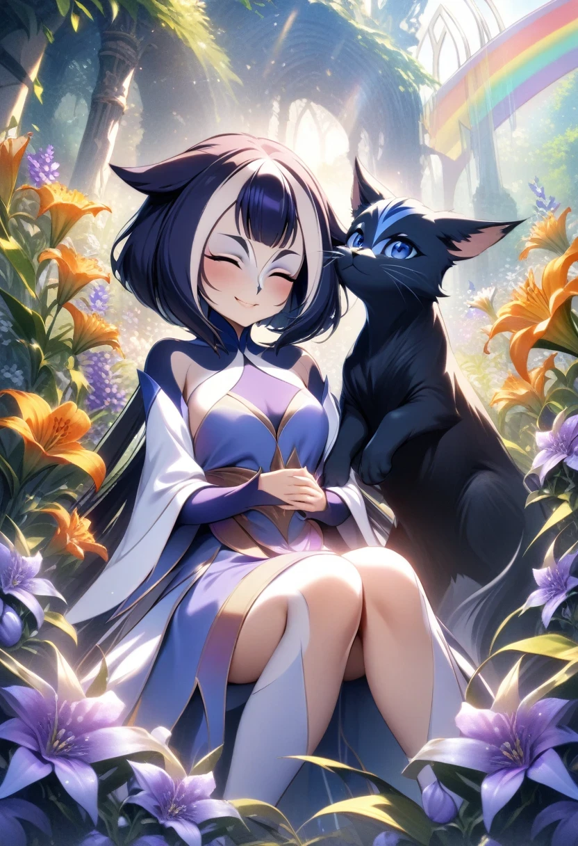 (shylily/(Twich/):1.5),(masterpiece:1.2),(best quality:1.2),, (1girl:1.3),hairy, Anthropomorphic, best quality, very good, 16K, Ridiculous, Extremely detailed, Black Cat Beast Girl, Looking happy in a cute frilly dress, Cute pose, Buried in the white lilies of the valley, orange lily, and purple violets, A happy look, Mixed Art, Mixed Art, design art, Fantasy world images, Multiple visual styles,Combination of various artistic elements,Like shimmering rainbow pastels and bright colors, sunlight shining through
