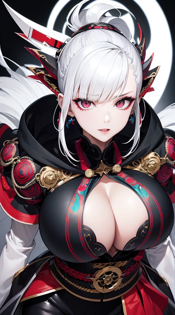 Very detailedな CG Unity 8K UHD 品質解像度の壁紙, Award-winning portrait, Official Art, A perfect masterpiece, highest quality, Highest Resolution, The most beautiful demon goddess, Highly detailed Harajuku style hooded shinobi Costumes, Nikka Pants, Bold colors and patterns, Trendy and innovative platinum white mohawk hairstyle, Bright makeup, Super huge huge , Showing cleavage, Tolerate'large chest sticks out'Costumes, A stunning feudal Japanese garden, meticulously recreated to resemble feudal Japan......, Cherry Blossoms at Night,Cherry blossoms blown by the wind, Vibrant color scheme, Insane Details, Beautiful and dense face, blush, sexy and Charm Lewd look, Looking at the audience, Lewd, Cheeky, Charm, sexy, Sitting,dynamic open leg pose, Intricate details, Very detailed.