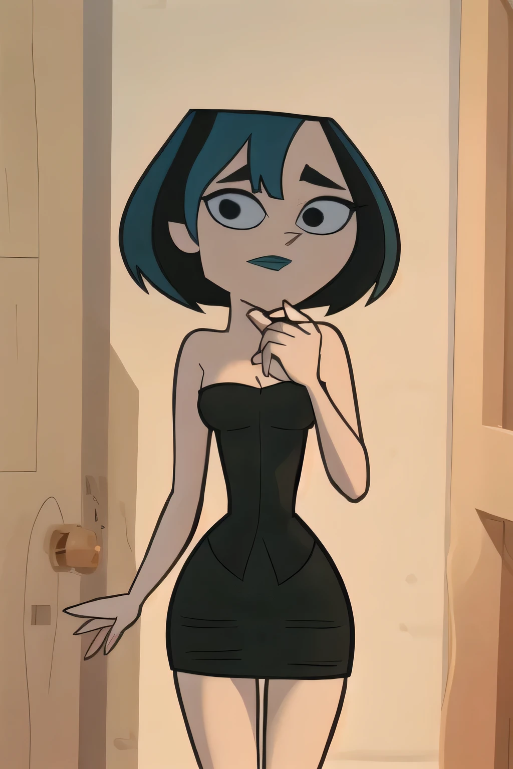 (8k, RAW photo, best quality, masterpiece:1.2), (intricate details), perfect eyes, perfect face, perfect lighting, beautiful, (masterpiece:1.2), (best quality:1.2), 1girl, cartoon style, gwentdi, solo, black eyes, black strapless tube dress, medium breast
