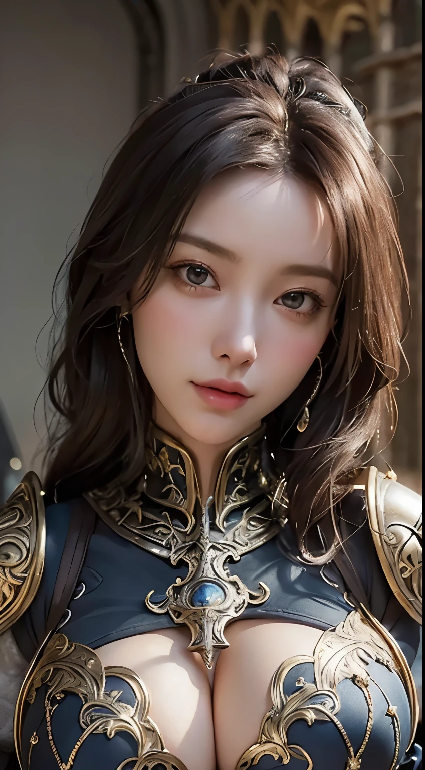 (masterpiece, highest quality, highest quality, Official Art, beautifully、beautiful:1.2), (One Girl:1.3), Light freckles, Fair skin, Very detailed, Portraiture, View audience, alone, (whole body:0.6), detailed background, close, (Warm Meadow theme:1.1), Paladin, Charlatan, Grin, Mysterious, Swaying in the mountains, Modest clothing, ((((Ornate white and gold metal plate armor)))), Cowl, nun food, Wimple, armor, Cowl, Robe, Chain mail, Chain mail, leggings, Chain mail leggings, Chain mail leggings, (armor breastplate), Tabard, throat, food, Scapula, Shingard, armor, Knee-high boots, Long sword, shield, Cape, Cape, pearlescent metal, White cloth, Light Leather, ((((Huge breasts)))), Tight waist, Slim Hips, Long legs, Medieval (The appearance of the mountain:1.1) background, dark Mysterious lighting, Shadow, Magical atmosphere, Dutch Angle,