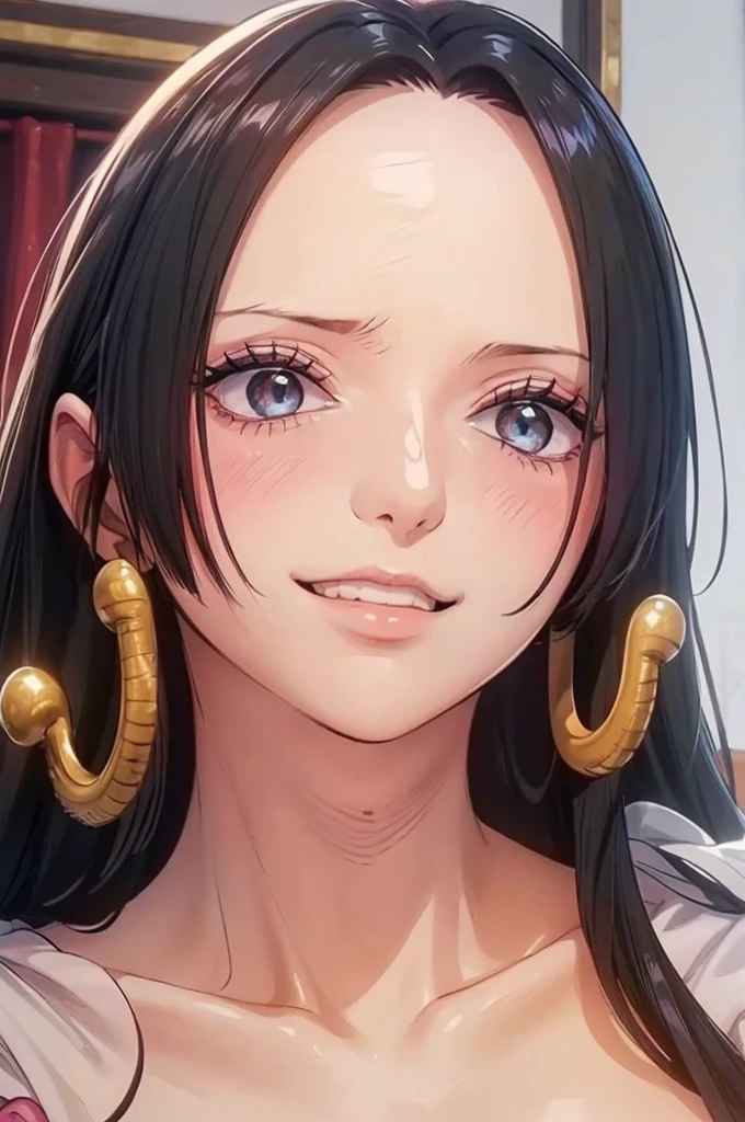 (((masterpiece))), (((best quality))), ((ultra-detailed)), (highly detailed CG illustration), Boa Hancock, (masterpiece:1.5), Detailed Photo, Smiling, Sexy, (Best Quality: 1.4), (1girl), Beautiful Face, (Black Hair, long Hair: 1.3), Beautiful Hairstyle,  beautiful detail eyes, (realistic skin), beautiful skin, absurd, attractive, ultra high resolution, high definition, (sexually aroused:1.5), Pinkish white skin, cool white light, sexy pose, Beautiful , white background, pink soft white light, Wear a white dress