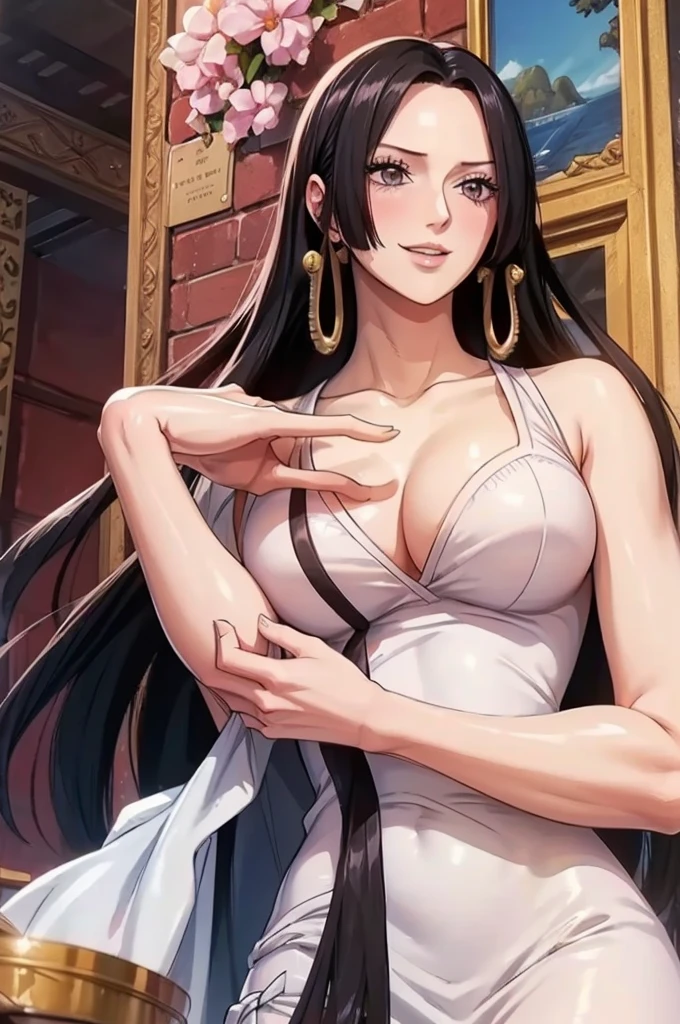 (((masterpiece))), (((best quality))), ((ultra-detailed)), (highly detailed CG illustration), Boa Hancock, (masterpiece:1.5), Detailed Photo, Smiling, Sexy, (Best Quality: 1.4), (1girl), Beautiful Face, (Black Hair, long Hair: 1.3), Beautiful Hairstyle,  beautiful detail eyes, (realistic skin), beautiful skin, absurd, attractive, ultra high resolution, high definition, (sexually aroused:1.5), Pinkish white skin, cool white light, sexy pose, Beautiful , white background, pink soft white light, Wear a white dress