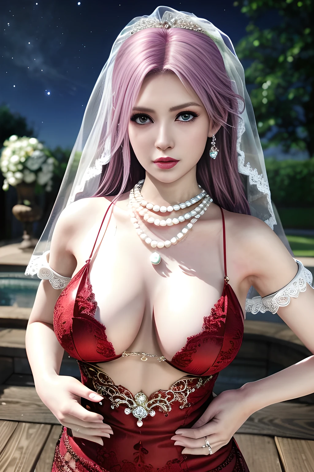 1 girl,lean over ,(Wearing Wedding Dress:1.2) ,(Wearing Jewel:1.2) ,( red lace_dress:1.3),(Fluffs ),(pearl bodychain:1.3),outdoor,elegant,nighttime,moonlighe,shiny skin,( huge breasts), lip gloss,tattoos, masterpiece, best quality, realistic ,Surrealism,natural colors art in 8k,soft shadows,Portrait art,solo,  elise,