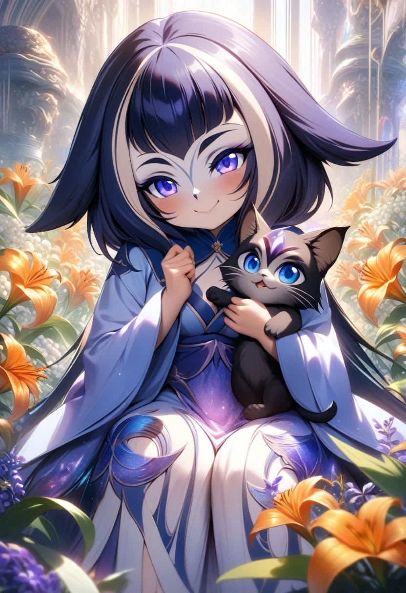 (shylily/(Twich/):1.5),(masterpiece:1.2),(best quality:1.2),, (1girl:1.3),hairy, Anthropomorphic, best quality, very good, 16K, Ridiculous, Extremely detailed, Black Cat Beast Girl, Looking happy in a cute frilly dress, Cute pose, Buried in the white lilies of the valley, orange lily, and purple violets, A happy look, Mixed Art, Mixed Art, design art, Fantasy world images, Multiple visual styles,Combination of various artistic elements,Like shimmering rainbow pastels and bright colors, sunlight shining through