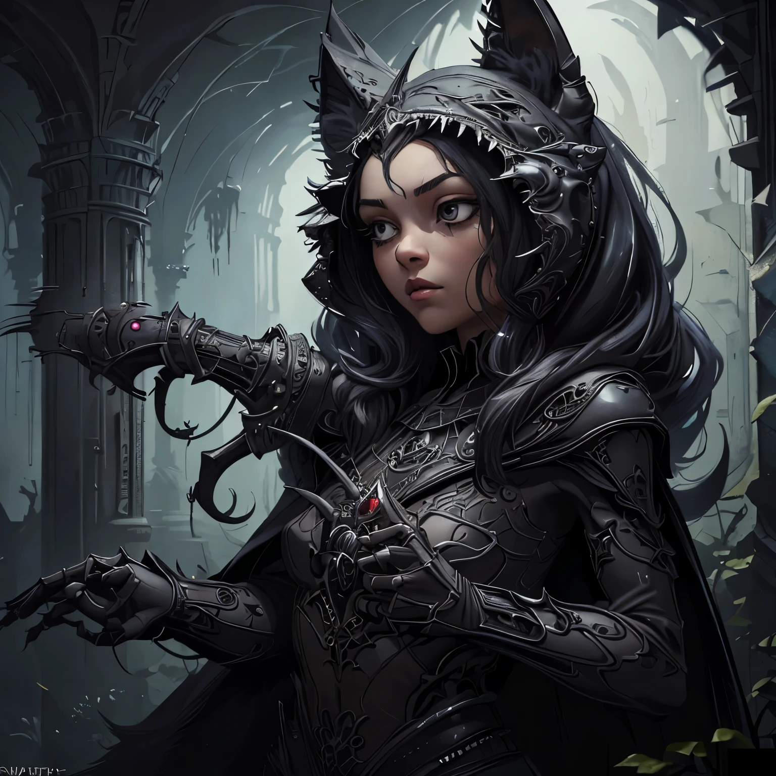 Poison Eve, green long dress, black long hair, with chaos and ready for battle