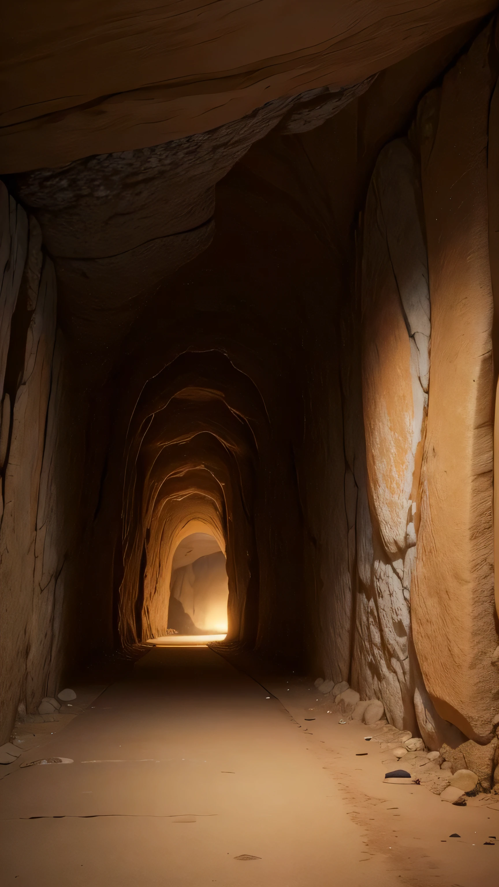 Mine corridor, dark, unsettling, weak light, rugged stones, high detail, underground