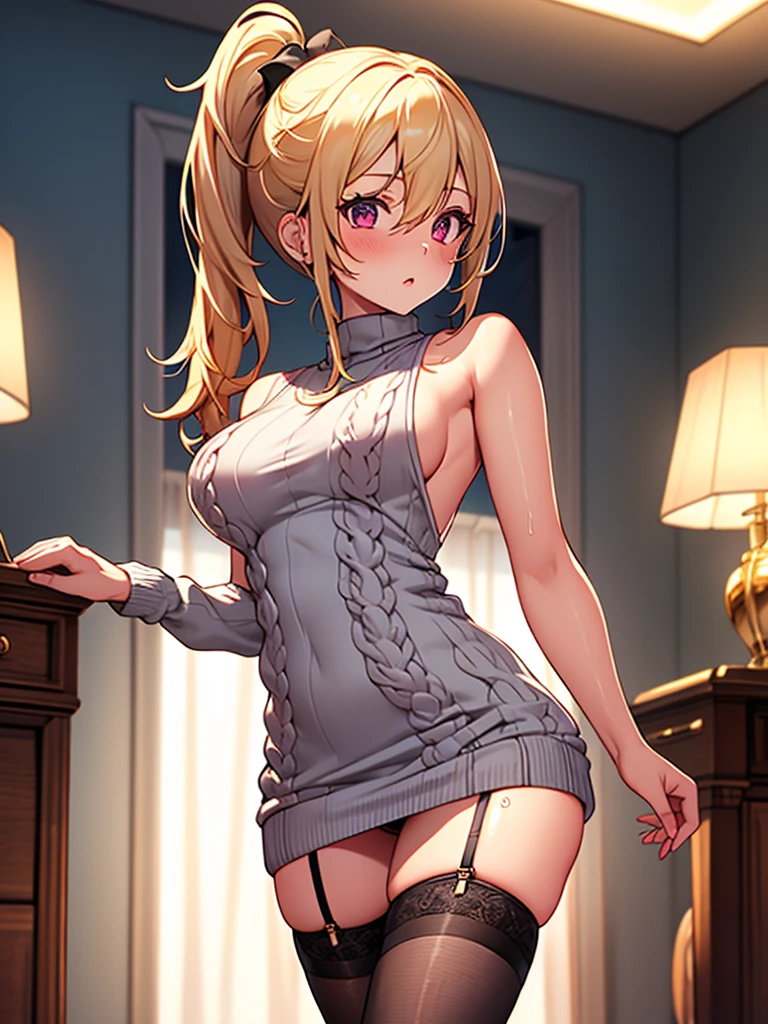(highest quality, High resolution, perfect pixel, Depth of bounds written, 4K), hotel room, (cowboy shot), detailed eyes, (1 lady), tall, (skinny body:1.2) , (thin thighs:1.2), large breasts, (side boob), blond hair, (side ponytail:1.2), (burgundy virgin killer sweater dress:1.2), (sleeveless), bare back, (clothes lift), side tie panties, (standing), (surprised), blush, (knee-length stockings:1.3), wet,