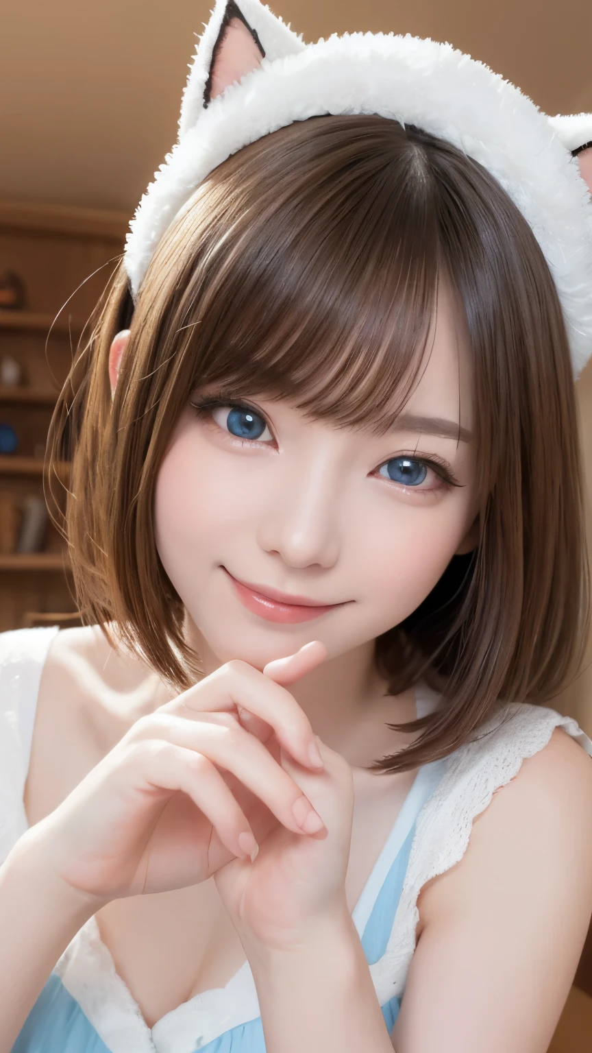 ((High quality)),masutepiece,(Detailed depiction of local details:1.2),1girl in,Blue eyes,Plump breasts,Enchanted Valley,Closed mouth,Eyelashes,Looking at Viewer,Portrait,Solo,paw pose,White theme,Short hair,big eyes, smile,paw pose