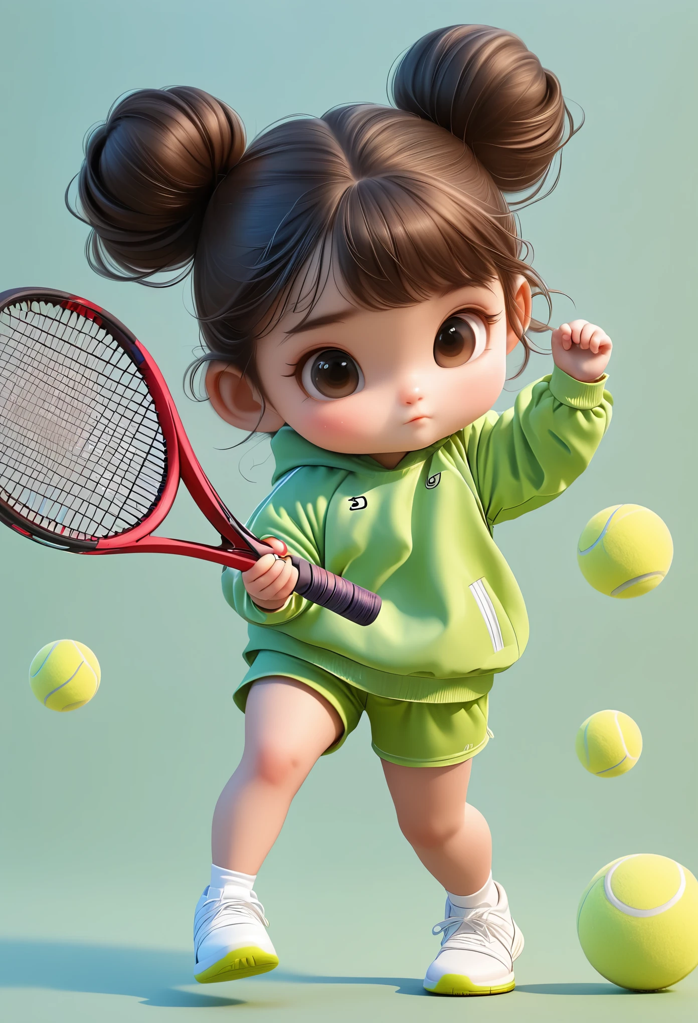 3D，1 Girl，2 buns，tennis racket，Sportswear Set，Cartoon Style